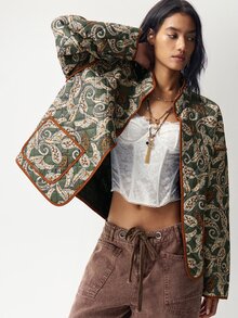 Bohemela Jaket Kasual Wanita Lengan Panjang Model Bahu Longgar dengan Motif Paisley dan Potongan Reguler - Hijau - View 3