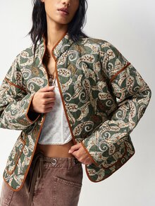 Bohemela Jaket Kasual Wanita Lengan Panjang Model Bahu Longgar dengan Motif Paisley dan Potongan Reguler - Hijau - View 4