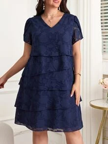 Reflora Plus Size Navy Blue Summer Elegant Wedding Guest Dress, Textured Round Neck Short Sleeve Layered Formal Evening Party Dresses For Women, Office Wear - Blue - View 2