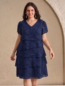 Reflora Plus Size Navy Blue Summer Elegant Wedding Guest Dress, Textured Round Neck Short Sleeve Layered Formal Evening Party Dresses For Women, Office Wear - Blue - View 6