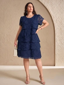 Reflora Plus Size Navy Blue Summer Elegant Wedding Guest Dress, Textured Round Neck Short Sleeve Layered Formal Evening Party Dresses For Women, Office Wear - Blue - View 8