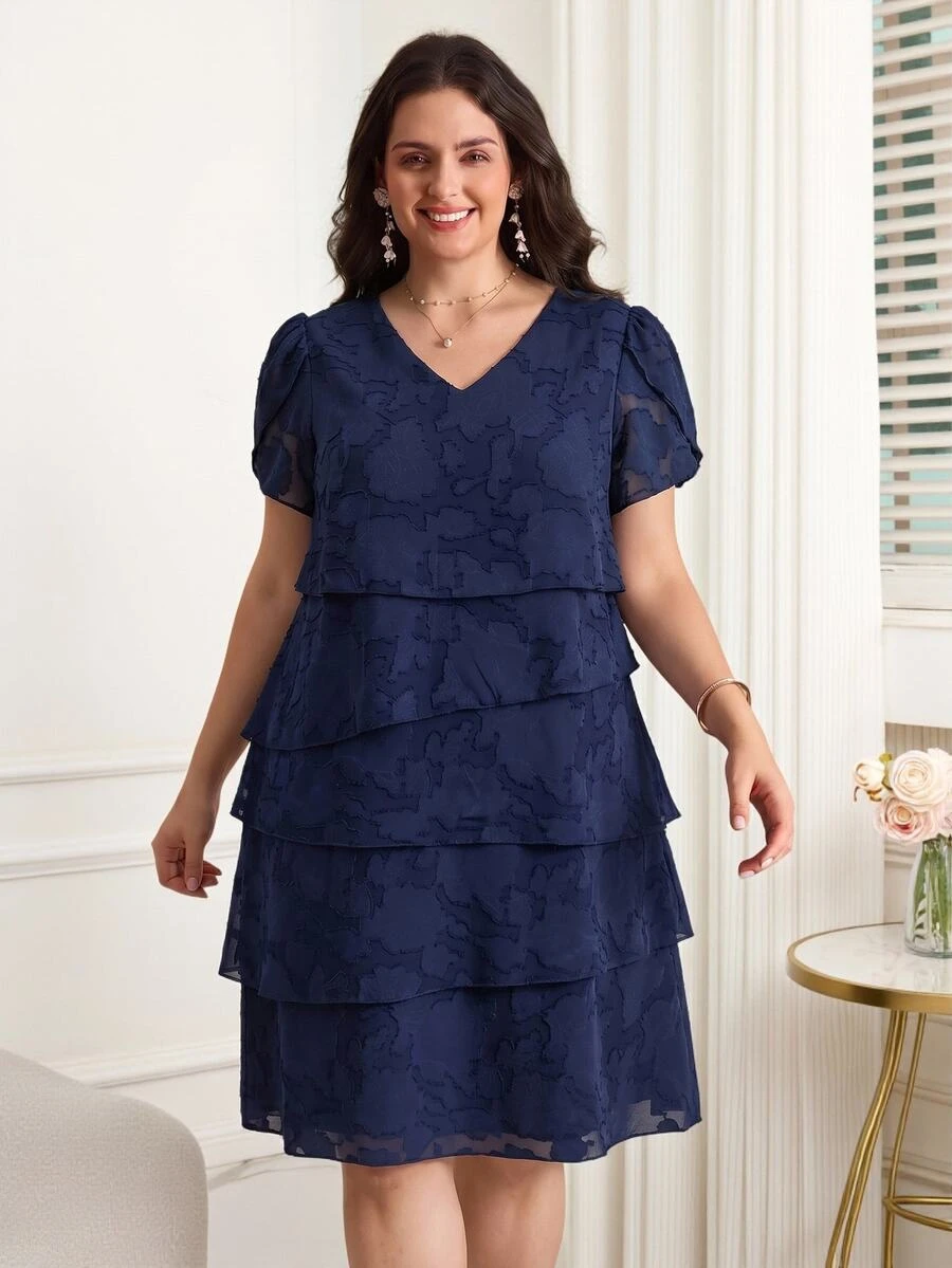 Reflora Plus Size Navy Blue Summer Elegant Wedding Guest Dress, Textured Round Neck Short Sleeve Layered Formal Evening Party Dresses For Women, Office Wear - Blue - View 1