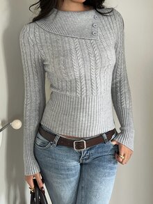 Aloruh Sweater Rajut Kabel Slim-Fit Abu-abu untuk Wanita Musim Gugur/Dingin – Bergaya, Hangat, Lengan Panjang, dan Serbaguna (Kerah yang Dapat Diubah) - Grey - View 6