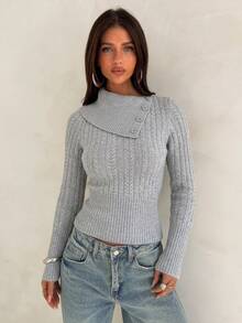 Aloruh Sweater Rajut Kabel Slim-Fit Abu-abu untuk Wanita Musim Gugur/Dingin – Bergaya, Hangat, Lengan Panjang, dan Serbaguna (Kerah yang Dapat Diubah) - Grey - View 1