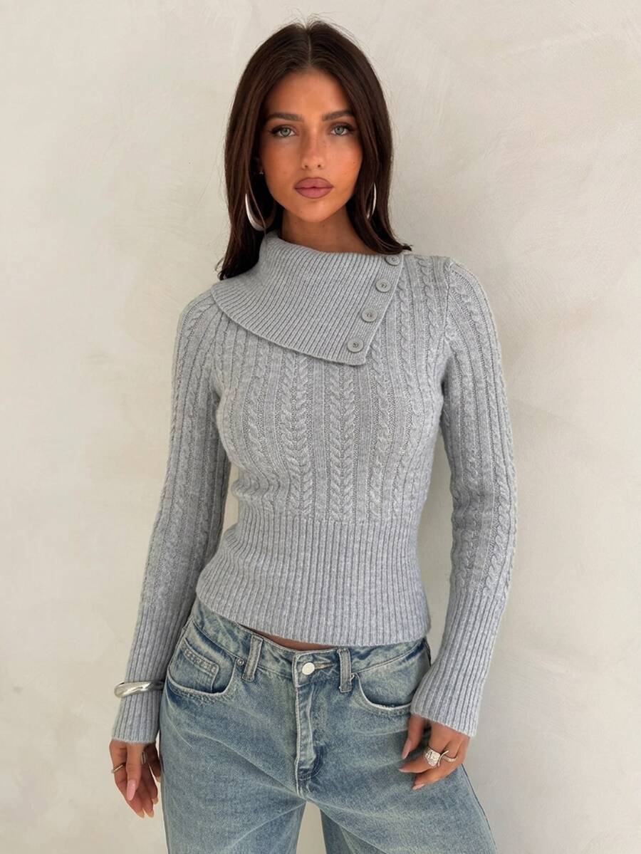 Aloruh Sweater Rajut Kabel Slim-Fit Abu-abu untuk Wanita Musim Gugur/Dingin – Bergaya, Hangat, Lengan Panjang, dan Serbaguna (Kerah yang Dapat Diubah) - Grey - View 1