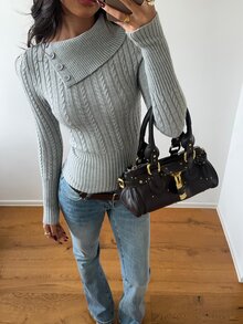 Aloruh Sweater Rajut Kabel Slim-Fit Abu-abu untuk Wanita Musim Gugur/Dingin – Bergaya, Hangat, Lengan Panjang, dan Serbaguna (Kerah yang Dapat Diubah) - Grey - View 4