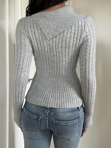 Aloruh Sweater Rajut Kabel Slim-Fit Abu-abu untuk Wanita Musim Gugur/Dingin – Bergaya, Hangat, Lengan Panjang, dan Serbaguna (Kerah yang Dapat Diubah) - Grey - View 2