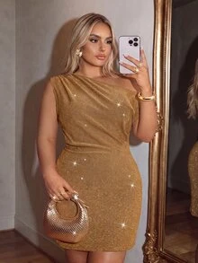 Auralis Plus Size Apricot Asymmetrical Neckline Shoulder Ruched Shiny Fabric Elegant Fashionable Sexy Fitted Short Dress, Christmas, Thanksgiving, New Year - Apricot - View 6