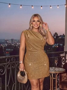 Auralis Plus Size Apricot Asymmetrical Neckline Shoulder Ruched Shiny Fabric Elegant Fashionable Sexy Fitted Short Dress, Christmas, Thanksgiving, New Year - Apricot - View 5