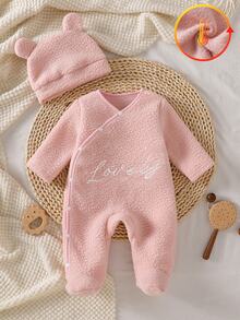 新生兒嬰兒2件套，秋冬毛茸茸柔軟舒適連身衣，胸前飾有可愛精緻英文刺繡，休閒簡約長袖連腳連身衣，附可愛熊耳帽，男嬰女嬰居家穿著 - 淺粉色 - 查看 5