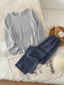SHEIN Girls' Simple Fashion Letter Print Long Sleeve Top + Plaid Long Pants 4-Piece Loungewear Set - Grey - View 2