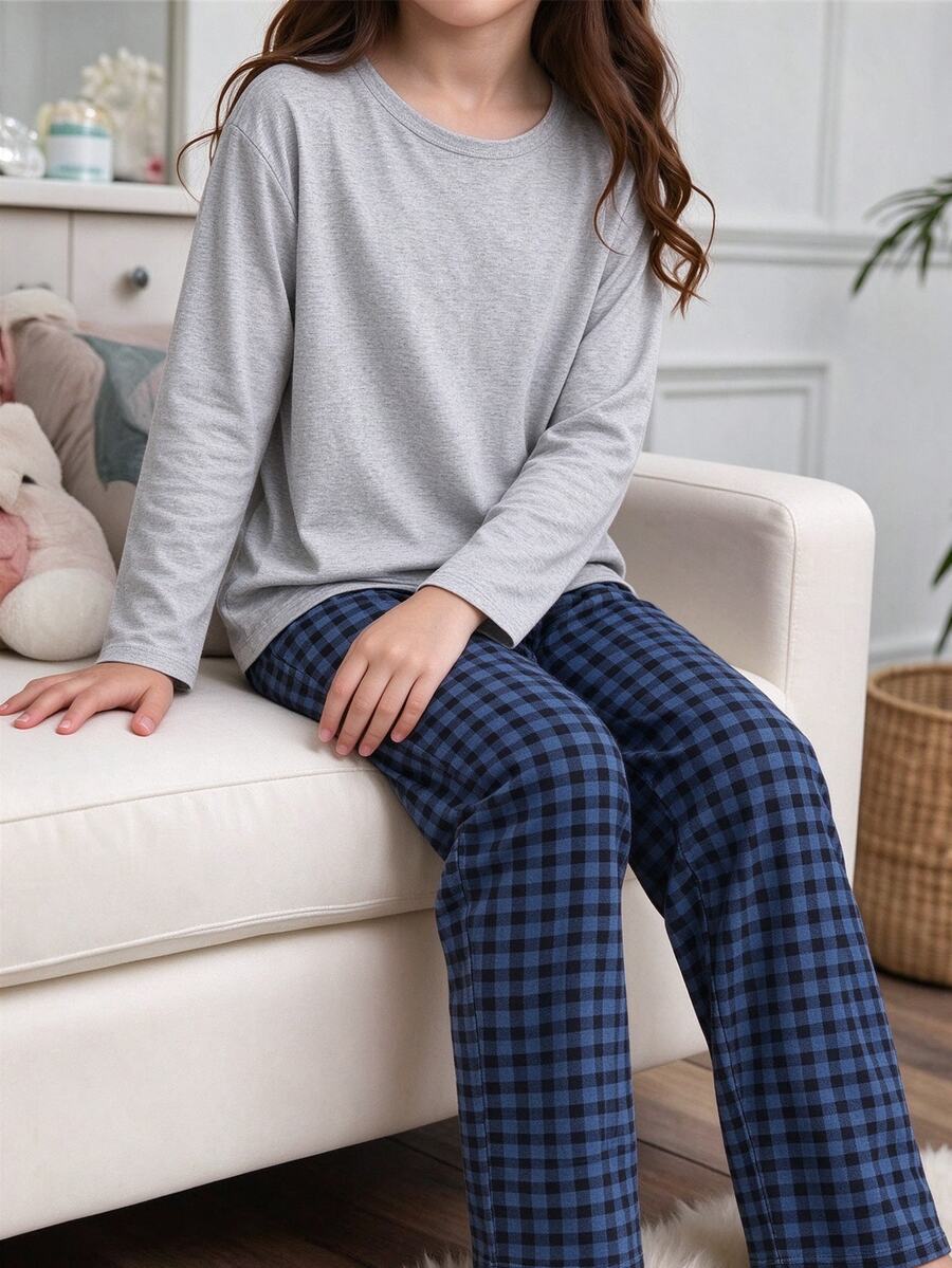 SHEIN Girls' Simple Fashion Letter Print Long Sleeve Top + Plaid Long Pants 4-Piece Loungewear Set - Grey - View 1
