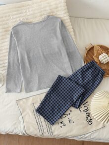 SHEIN Girls' Simple Fashion Letter Print Long Sleeve Top + Plaid Long Pants 4-Piece Loungewear Set - Grey - View 3