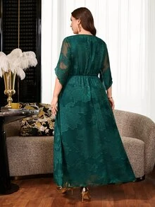 Reflora Plus Size Women's Floral Print Round Neck Short Sleeve Elegant Dress Saudi National Day Wedding Formal Evening Dark Green Summer - Green - View 3