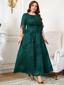 Reflora Plus Size Women's Floral Print Round Neck Short Sleeve Elegant Dress Saudi National Day Wedding Formal Evening Dark Green Summer - Green - View 2