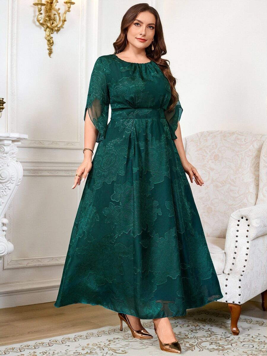Reflora Plus Size Women's Floral Print Round Neck Short Sleeve Elegant Dress Saudi National Day Wedding Formal Evening Dark Green Summer