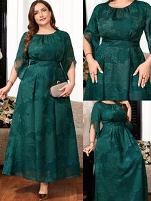 Reflora Plus Size Women's Floral Print Round Neck Short Sleeve Elegant Dress Saudi National Day Wedding Formal Evening Dark Green Summer - Green - View 7