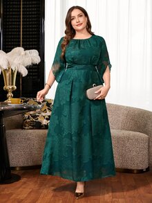 Reflora Plus Size Women's Floral Print Round Neck Short Sleeve Elegant Dress Saudi National Day Wedding Formal Evening Dark Green Summer - Green - View 8