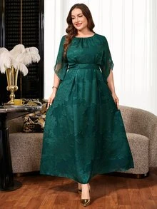 Reflora Plus Size Women's Floral Print Round Neck Short Sleeve Elegant Dress Saudi National Day Wedding Formal Evening Dark Green Summer - Green - View 4
