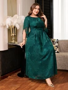 Reflora Plus Size Women's Floral Print Round Neck Short Sleeve Elegant Dress Saudi National Day Wedding Formal Evening Dark Green Summer - Green - View 9