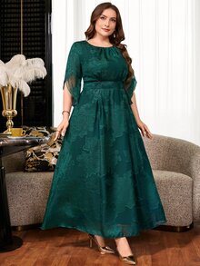 Reflora Plus Size Women's Floral Print Round Neck Short Sleeve Elegant Dress Saudi National Day Wedding Formal Evening Dark Green Summer - Green - View 6