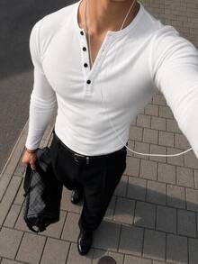 Mainfolk Men's Off-White Button Half-Placket Long Sleeve Casual T-Shirt Vacation Holiday Autumn Halloween Winter Party Autumn - White - View 4