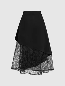 Elamini 女款春夏黑色不對稱鏤空蕾絲拼接西裝裙，修身中長版 - 黑色 - 查看 2