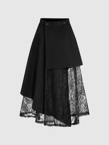 Elamini 女款春夏黑色不對稱鏤空蕾絲拼接西裝裙，修身中長版 - 黑色 - 查看 4
