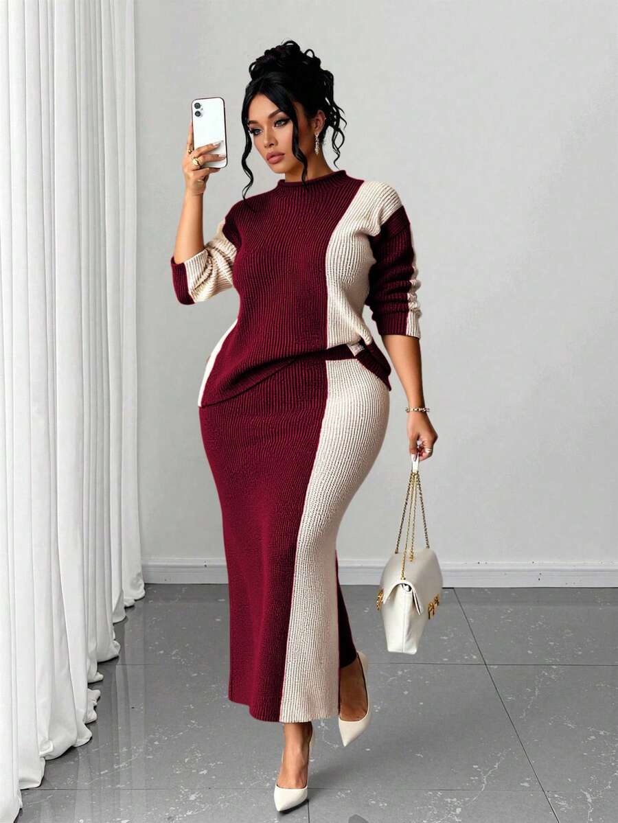 Elenzga Christmas Plus Size Women Fashionable Casual Colorblock Sweater & Skirt Set Winter - Multicolor - View 1
