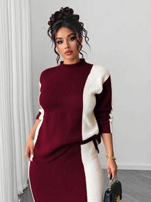 Elenzga Christmas Plus Size Women Fashionable Casual Colorblock Sweater & Skirt Set Winter - Multicolor - View 5