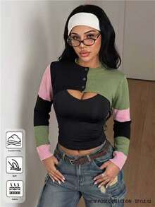 BamGleam Women Color Block Striped Cropped Cardigan, Single Breasted Long Sleeve Patchwork Knit Shrug Y2K Streetwear Spring Fall Cool Summer Night Daily Outfit - Multicolor - View 2