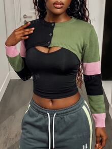 BamGleam Women Color Block Striped Cropped Cardigan, Single Breasted Long Sleeve Patchwork Knit Shrug Y2K Streetwear Spring Fall Cool Summer Night Daily Outfit - Multicolor - View 5