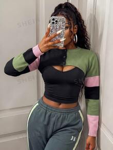 BamGleam Women Color Block Striped Cropped Cardigan, Single Breasted Long Sleeve Patchwork Knit Shrug Y2K Streetwear Spring Fall Cool Summer Night Daily Outfit - Multicolor - View 4