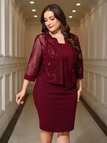 Reflora Plus Size Women's Floral Sequin Mesh 3/4 Sleeve Open Front Jacket And Sleeveless Dress Elegant 2 Pieces Set - Burgundy - View 1