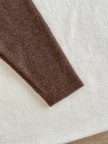 SHEIN 女嬰秋冬駝色針織開襟衫配蕾絲領與配套駝色長褲，室內外穿著皆宜的百搭時尚套裝 - 巧克力棕 - 查看 7