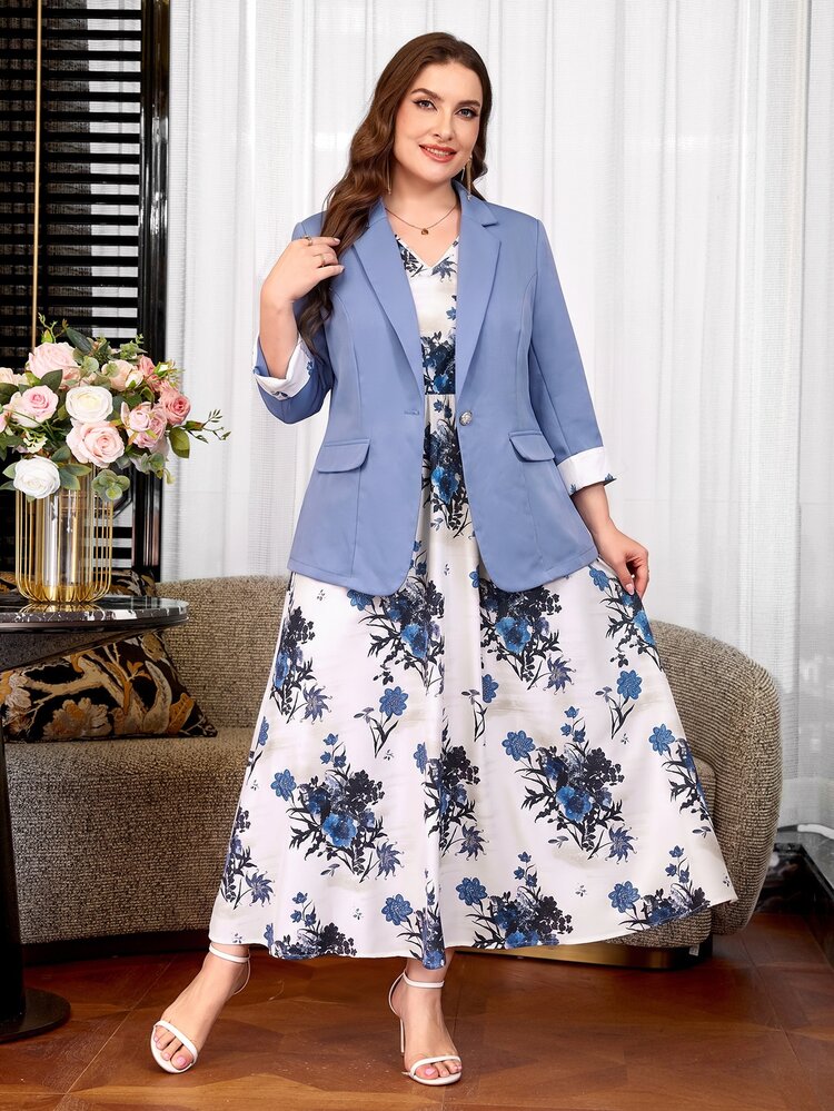 Reflora Plus Size Women's Suit Set Elegant Smart Casual Summer Light Blue White Printed Blazer And Dress Romantic Office Party Business Formal - Dusty Blue - View 5