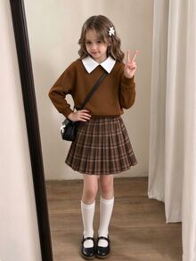 SHEIN Elladie kids 女童對比領衛衣與格紋百褶裙套裝，秋季款 - 彩色 - 查看 5