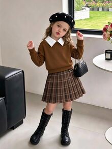 SHEIN Elladie kids 女童對比領衛衣與格紋百褶裙套裝，秋季款 - 彩色 - 查看 4