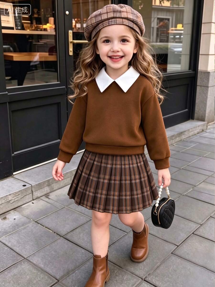 SHEIN Elladie kids 女童對比領衛衣與格紋百褶裙套裝，秋季款