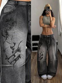 Jeanoix Y2K 90s Goth Plus Size Outdoor Concert Party Street Dark Abstract Print Black Grey Denim Wide Leg Pants Halloween Summer - Dark Grey - View 1