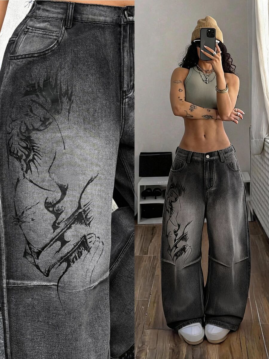 Jeanoix Y2K 90s Goth Plus Size Outdoor Concert Party Street Dark Abstract Print Black Grey Denim Wide Leg Pants Halloween Summer - Dark Grey - View 1