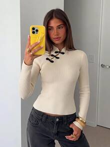 Siren Gaze Women's Chinese Style Fitted Long Sleeve Sweater With Frog Button Design - White - View 2