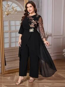 Reflora 大尺碼女款黑色金屬色冬季優雅正式晚宴婚禮花卉亮片對比網紗連身褲裙 派對魅力新年秋季 - 彩色 - 查看 10