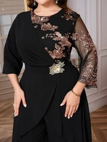 Reflora 大尺碼女款黑色金屬色冬季優雅正式晚宴婚禮花卉亮片對比網紗連身褲裙 派對魅力新年秋季 - 彩色 - 查看 7