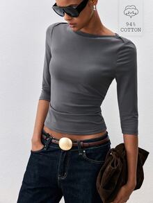 ATUI Studio Summer Casual Basic Business Basic Women's Cotton Daily Solid Color Minimalist Commute Long Sleeve T-Shirt Everyday Dark Grey - Grey - View 2