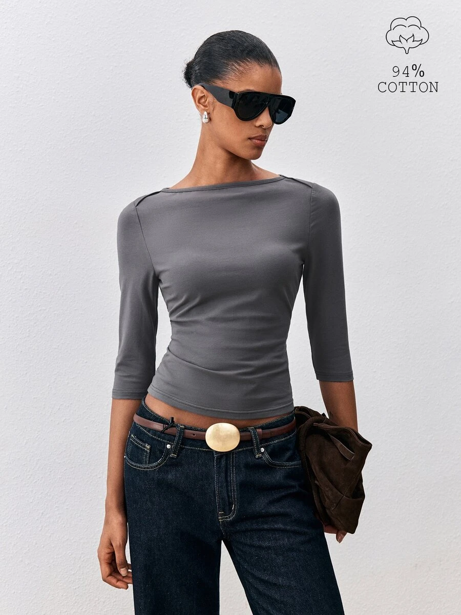 ATUI Studio Summer Casual Basic Business Basic Women's Cotton Daily Solid Color Minimalist Commute Long Sleeve T-Shirt Everyday Dark Grey - Grey - View 1