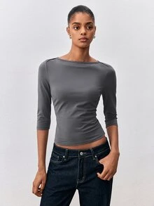 ATUI Studio Summer Casual Basic Business Basic Women's Cotton Daily Solid Color Minimalist Commute Long Sleeve T-Shirt Everyday Dark Grey - Grey - View 6
