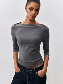 ATUI Studio Summer Casual Basic Business Basic Women's Cotton Daily Solid Color Minimalist Commute Long Sleeve T-Shirt Everyday Dark Grey - Grey - View 5