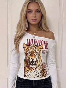 SHEIN Teen Girl Teen Girls Asymmetrical Shoulder Cartoon Long Sleeve T-Shirt - White - View 6