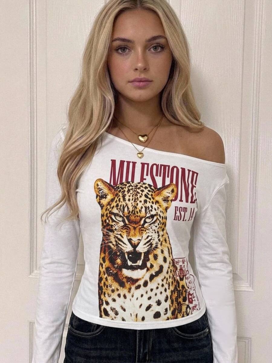 SHEIN Teen Girl Teen Girls Asymmetrical Shoulder Cartoon Long Sleeve T-Shirt - White - View 1